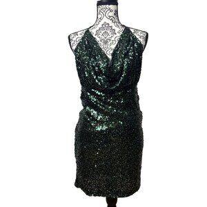 NWT Fashion Nova XL Green Sequin Mini Dress Halter Neck Cowl St. Patrick's Day